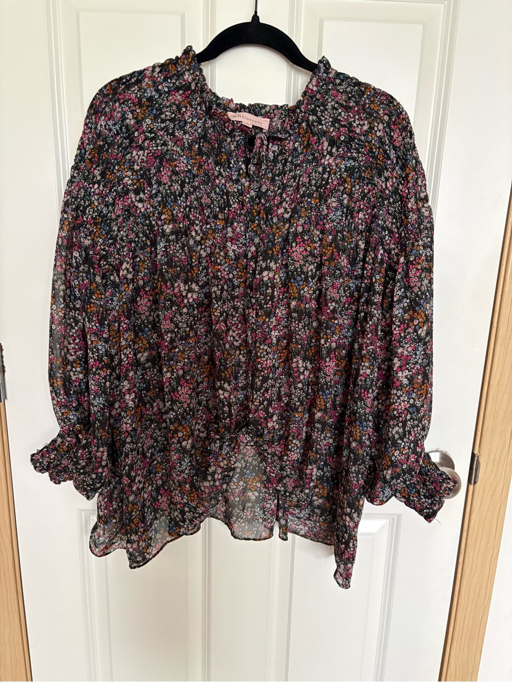 Philosophy Black Floral Smocked Ruffle Peasant Blouse